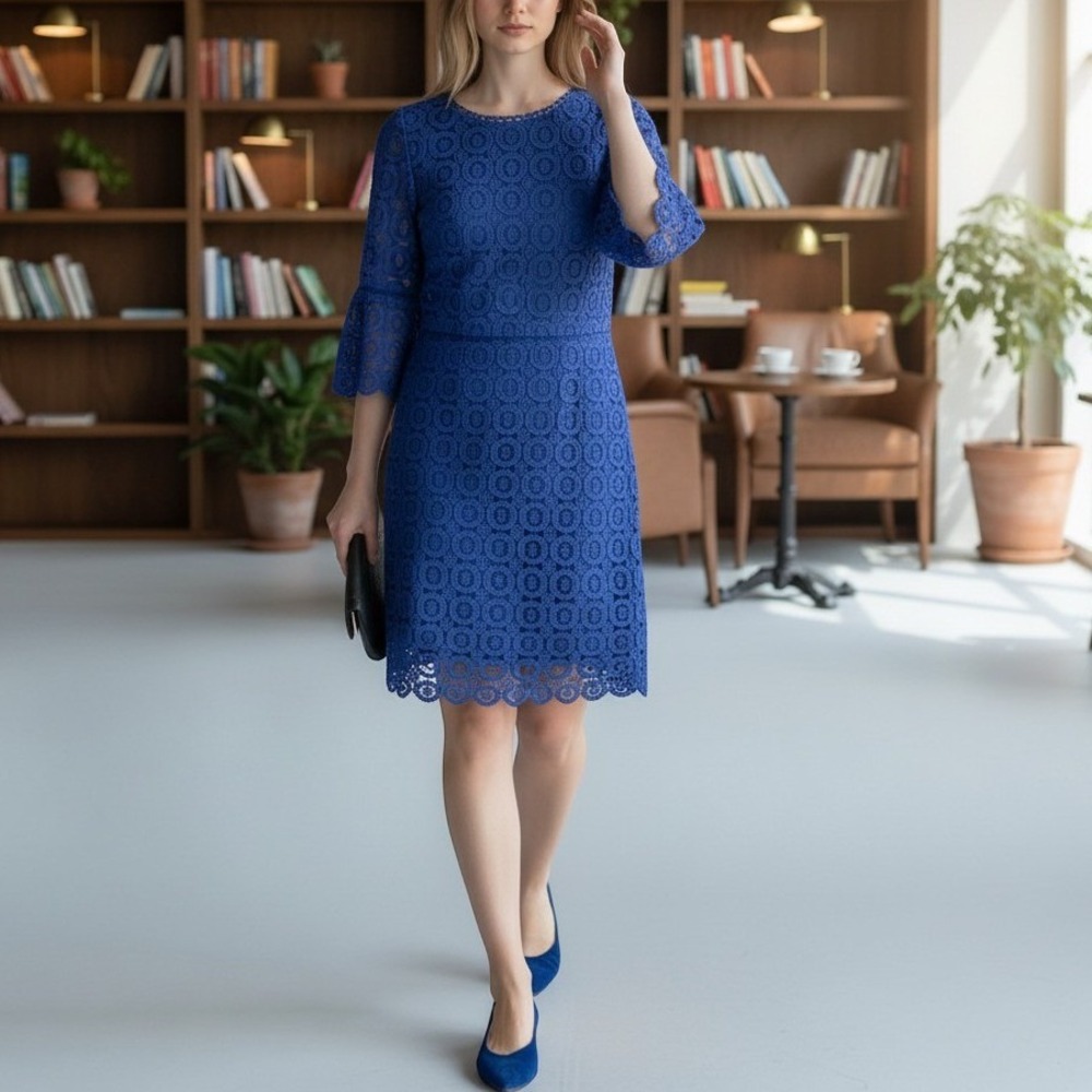 Boden Royal Blue Cotton Circle Lace Bell Sleeve Sheath Dress US 6R